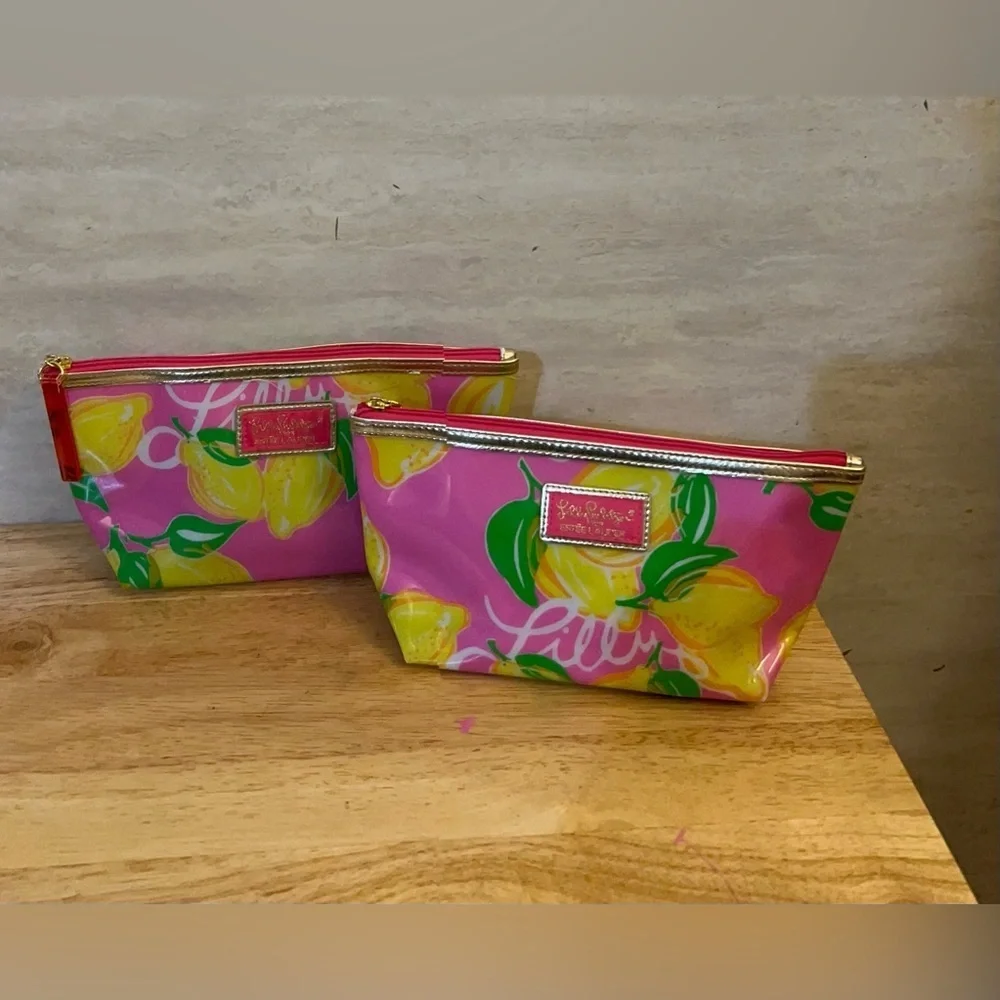 2 Lilly Pulitzer Estée Lauder Vibrant Pink and Lemon Cosmetic Bag Duo